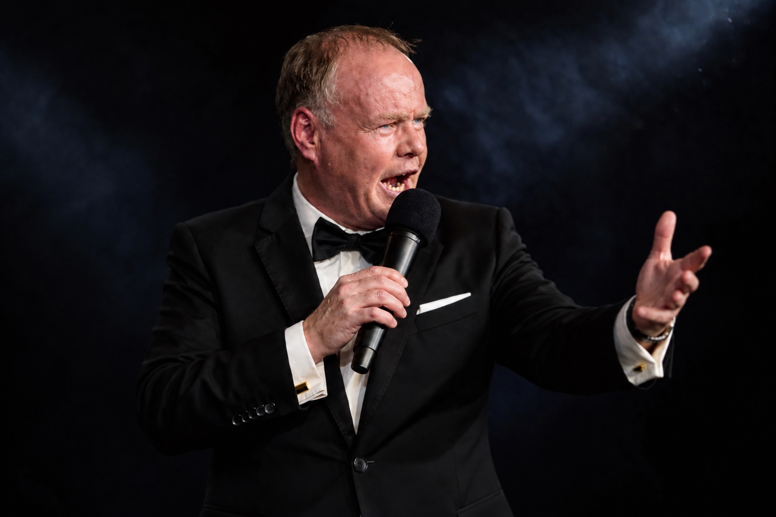 Tom O'Hara im Smoking mit Mikrofon